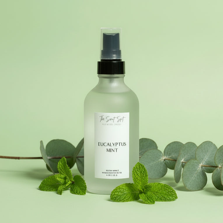 Bottle of Eucalyptus Mint spray with a plant in the background
