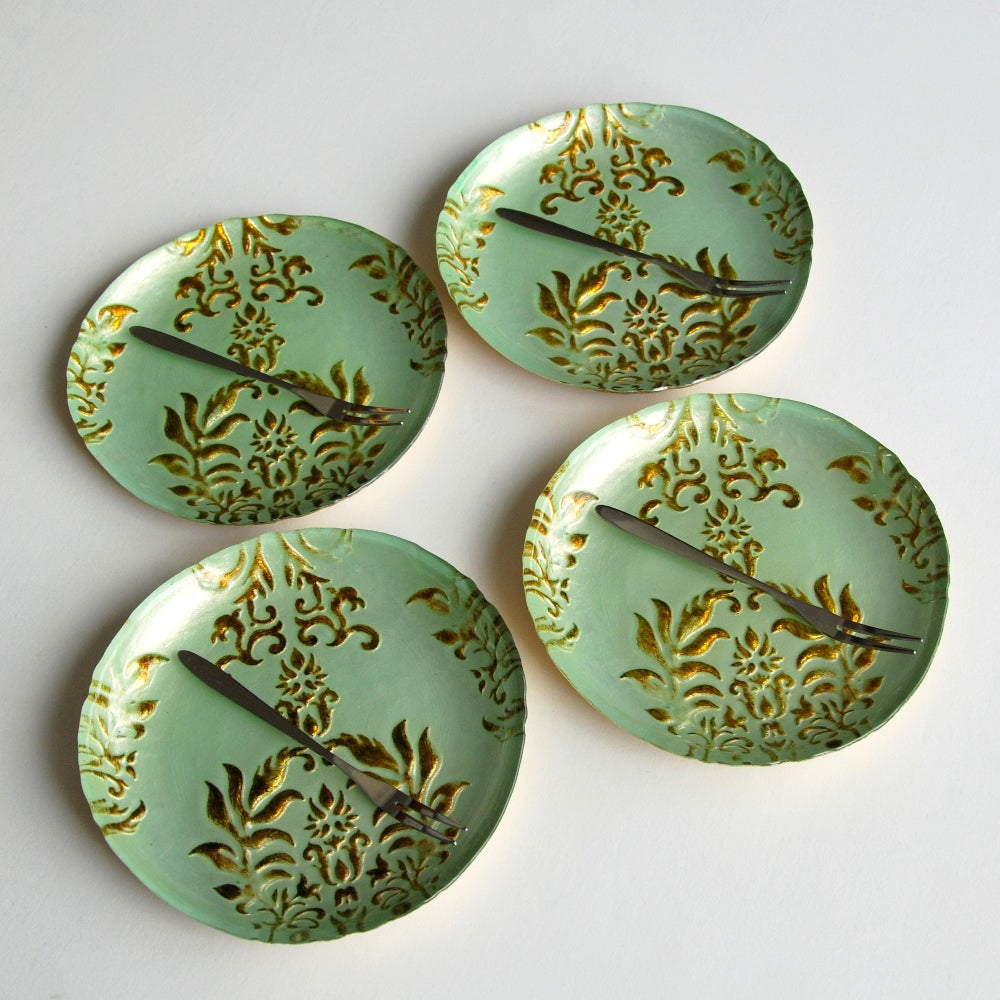 Damask 6.5" Turquoise & Gold Canape Plates 4-Set