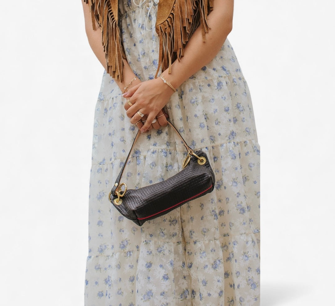 Baby Blair-East West Shoulder Bag, Black Woven Leather