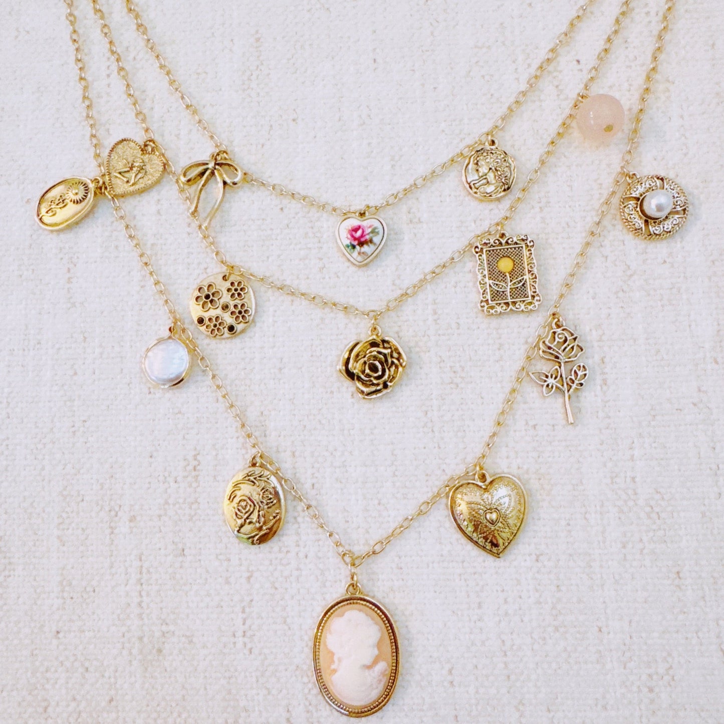 Vintage Rose Charm Layered Necklace
