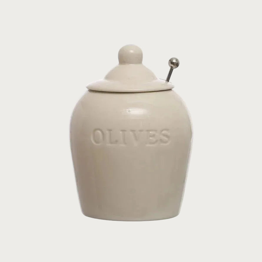 Debossed Stoneware Olive Jars with Slotted Spoon – Set of 2