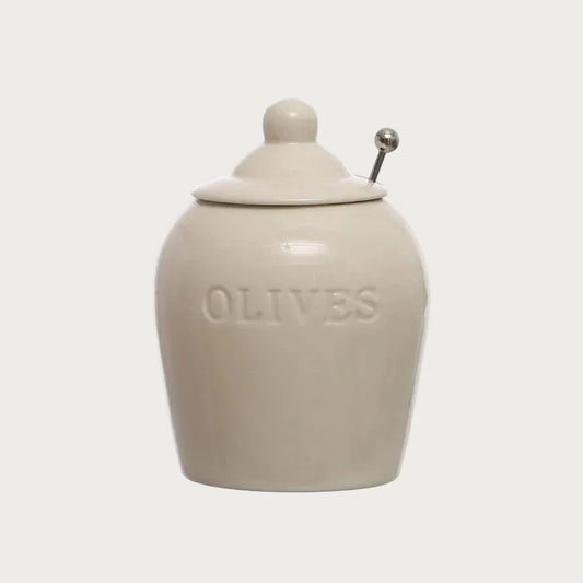 Debossed Stoneware Olive Jars with Slotted Spoon – Set of 2