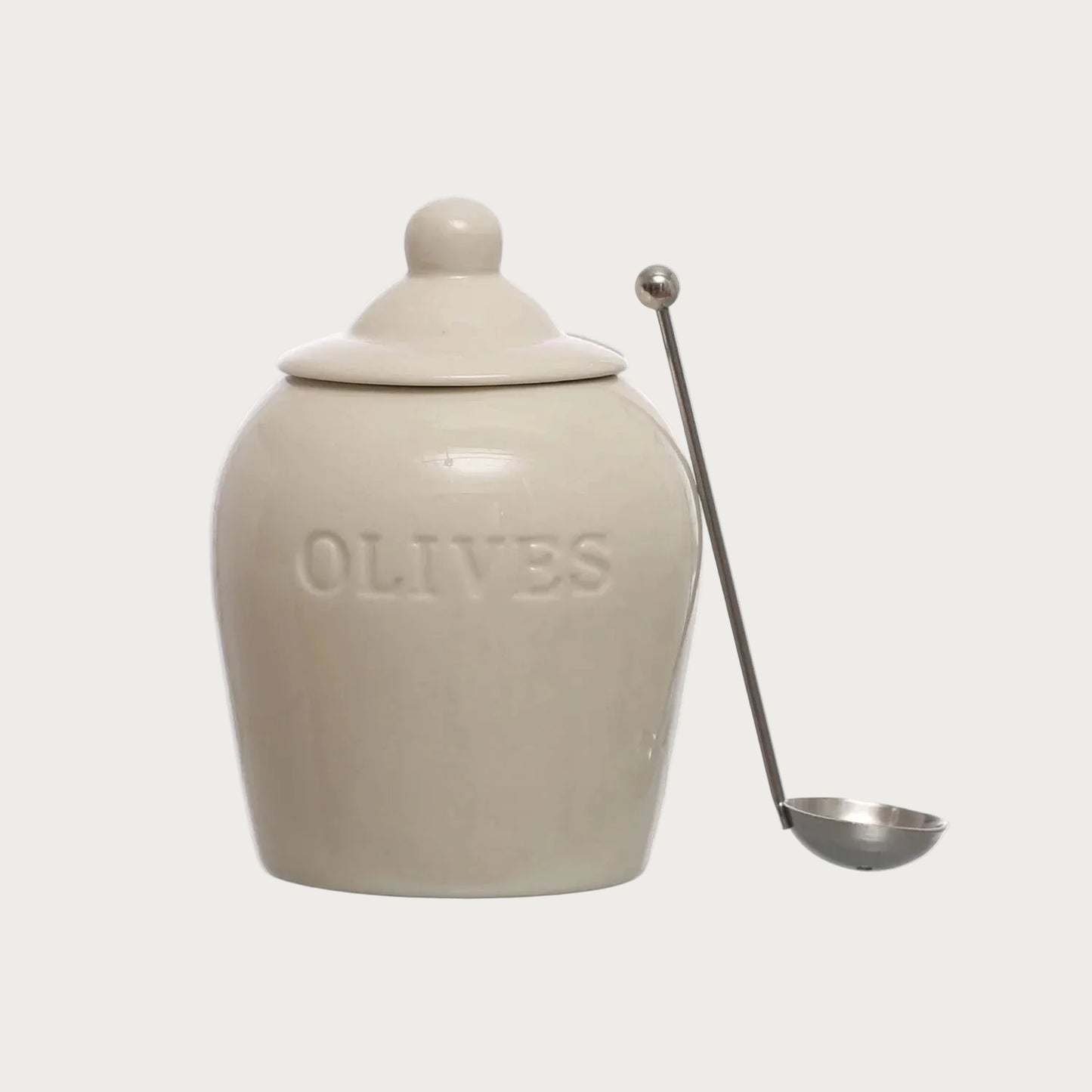 Debossed Stoneware Olive Jars with Slotted Spoon – Set of 2