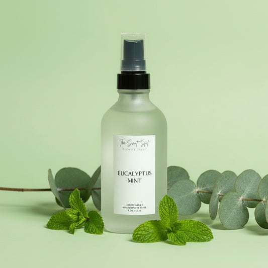 Bottle of Eucalyptus Mint spray with a plant in the background
