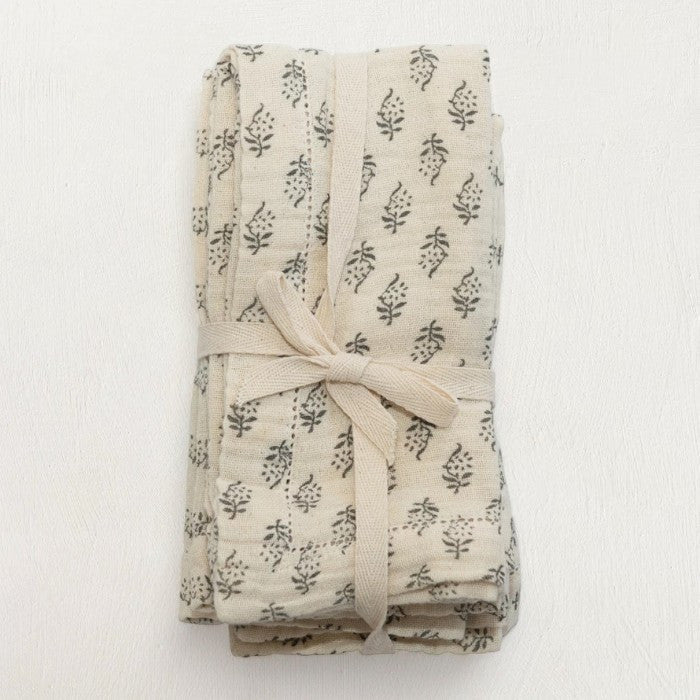 Floral Cotton Napkins, Charcoal & Cream, Set of 4