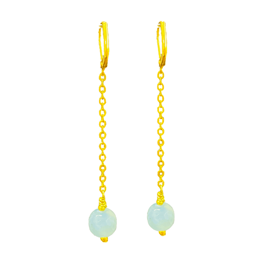 Aquamarine drop earrings with gold chains and lever back closures.
