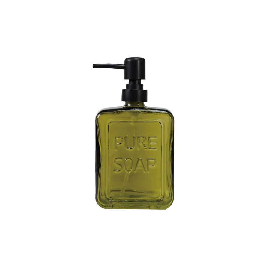 Olive Green Glass Soap Dispenser – “Pure Soap” Design